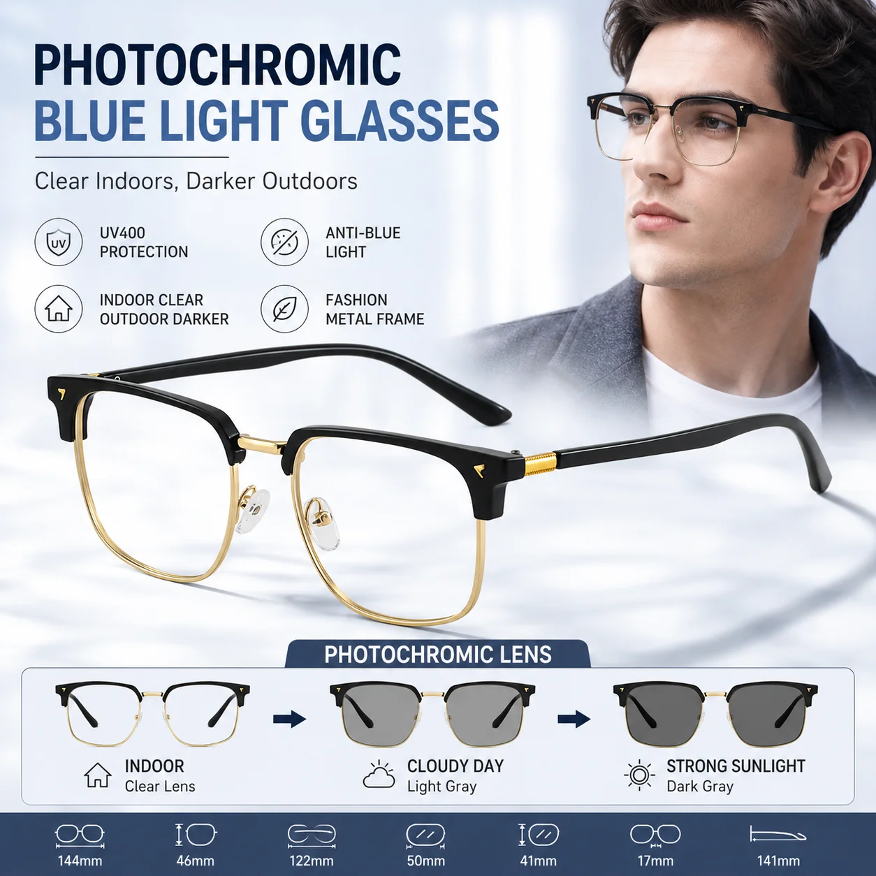 Photochromic Blue Light Glasses Men Women UV400 Color Changing Eyeglasses Fashion Metal Frame for Travel Beach Couple Daily Wear