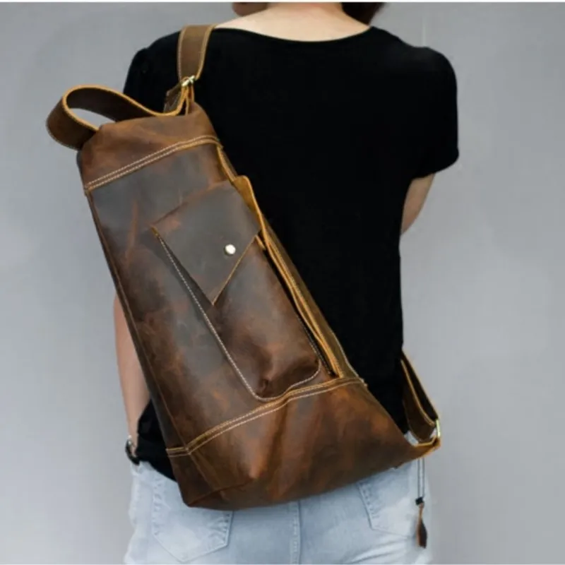 High Quality Men's Cowhide Crossbody Backpack Vintage Handmade Crazy Horse Leather Shoulder Bag Multifunctional