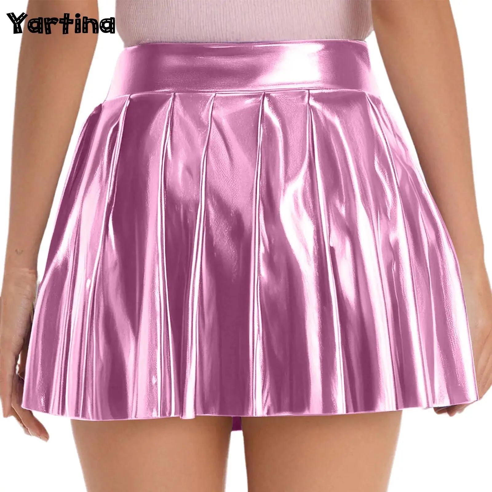 

Womens Metallic Shiny Pleated Short Skirt High Waist Side Zipper Ruched Holographic A-line Mini Skirt Disco Rave Party Costume