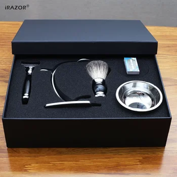iRAZOR Herren-Rasierset, Doppelkanten-Sicherheitsrasierer, 10-Klingen-Nachfüllungen, weiche Bürste aus reinem Dachshaar, Rasierständer und Lederschale