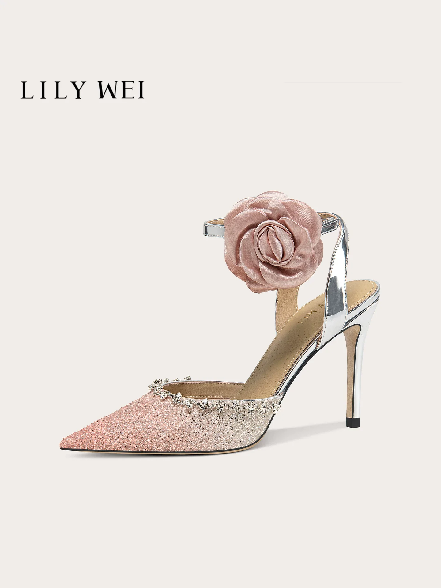 Summer new pointed rhinestone sequin silk flower sandals for banquets, large size small size widened high heels women's shoes