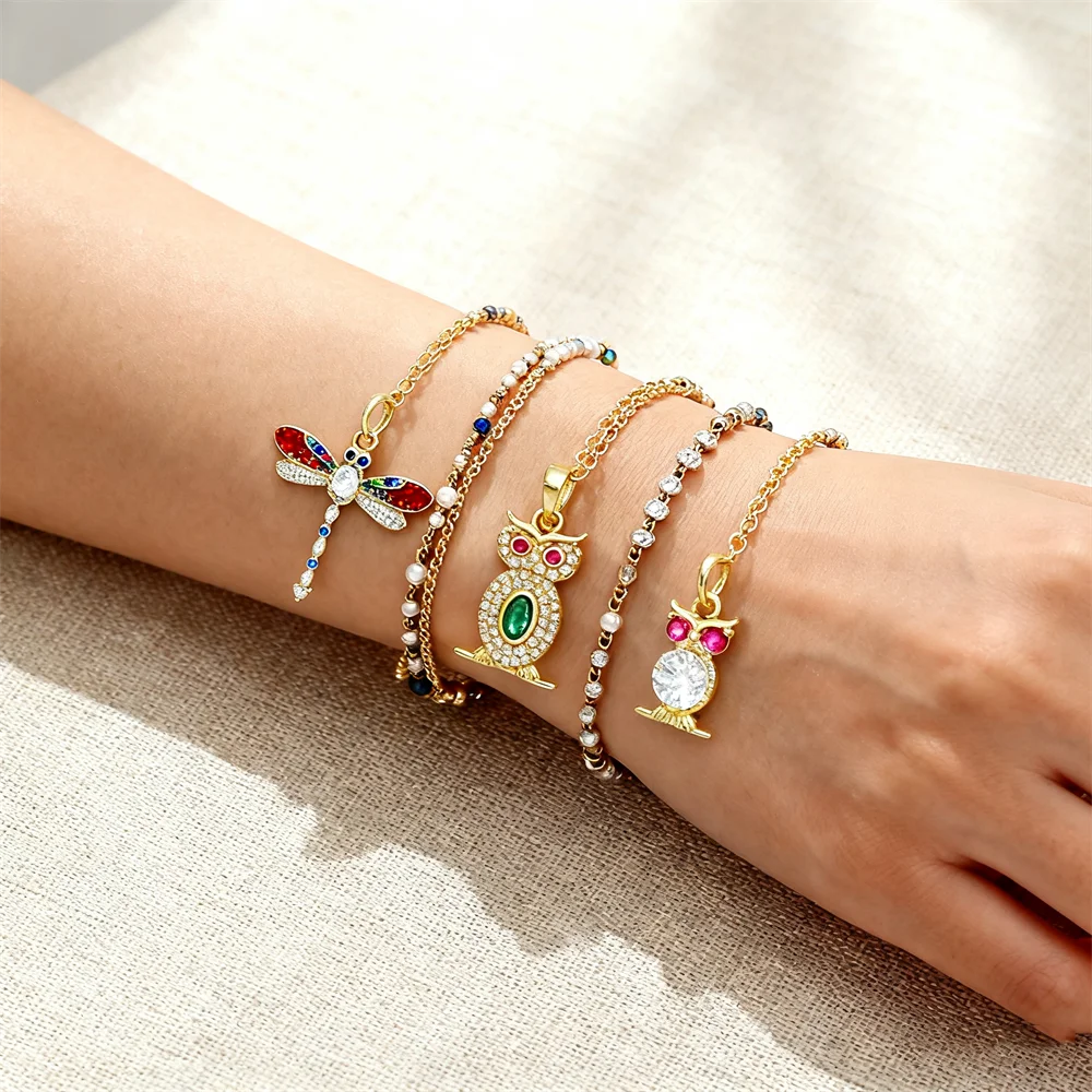 

2Pcs Pendants Brass DIY Jewelry Charms Owl Dragonfly Animal Shapes with Cubic Zircon for Women Men Handmade Crafting Accessories