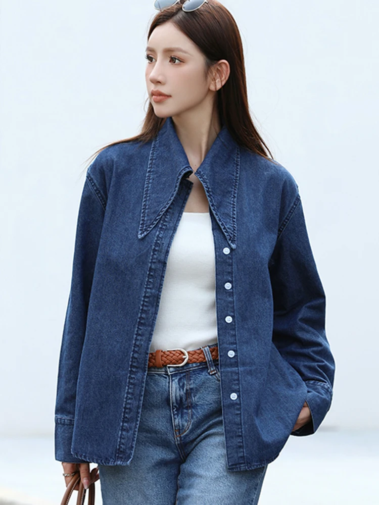

Длинная джинсовая рубашка женская, осень 2024, новый модный дизайн с большим воротником, синие джинсовые рубашки, блузки, джинсы с длинными рукавами, верхняя одежда, женские топы
