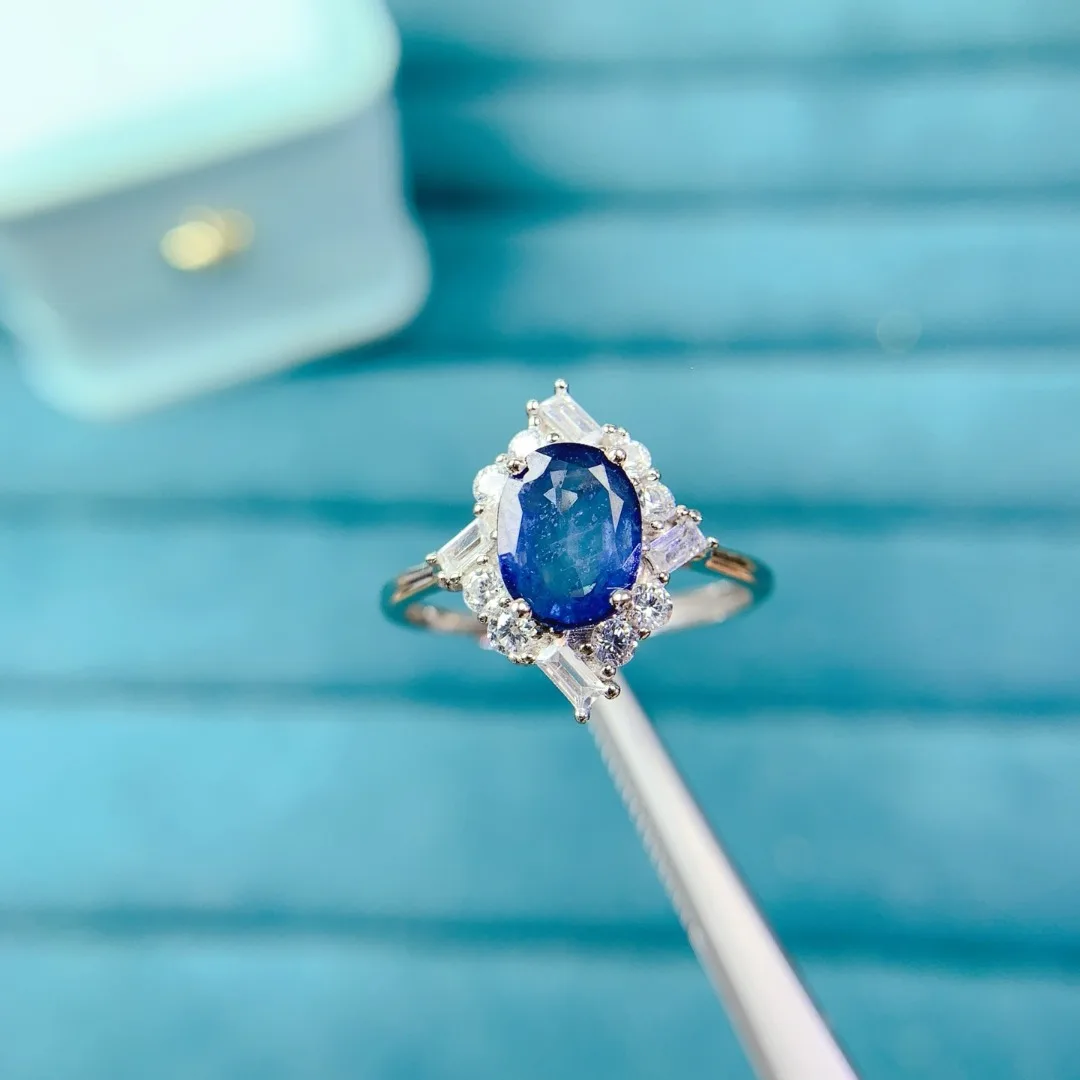 Premium Natural Sapphire Ring S925 Pure Silver Elegant Fashion Jewelry Shiny Royal Blue Gemstone Luxury Women Accessories
