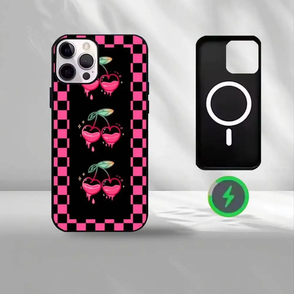 Schwarz-rosa Kirsch-Handyhülle für iPhone 17, 16, 15, 14, 13, 12, kabellose Lade-Schutzhülle, weiche Abdeckung