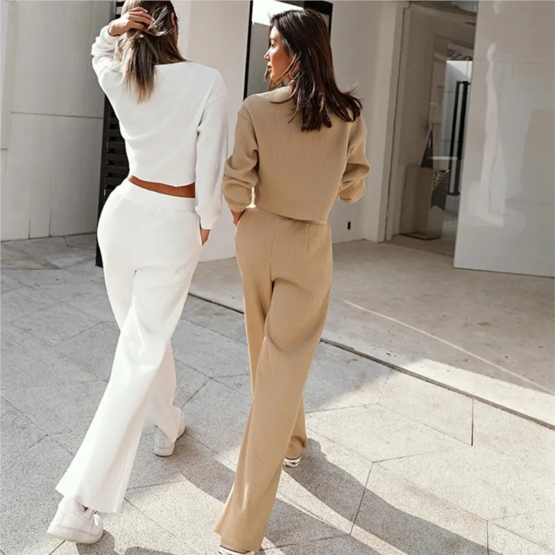 Autumn Women's Casual Two Pieces Set FashionLong Sleeve Long Pants Midriff-baring Suit Spring Solid Color Ladies Office Outfit