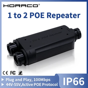HORACO 2-Port Waterproof PoE Extender – IP66 Outdoor 1-to-2 PoE Repeater, 10/100Mbps, IEEE 802.3af/at, 48V
