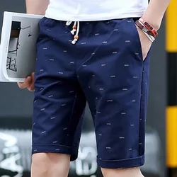 Summer Men Shorts Fitness Sport brand Elastic Waist Drawstring Cotton Shorts Summer Calf-length Design Fish bone printing M-5XL