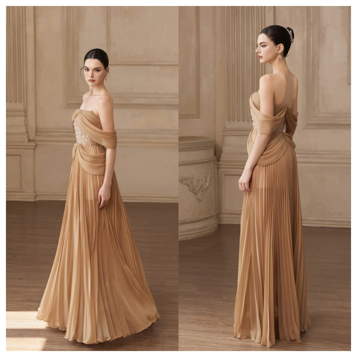 

Customized Fashion Champagne Chiffon Evening Dress Boat Neck Off the Shoulder Sleeveless Homecoming Dress Special Occasion Gown