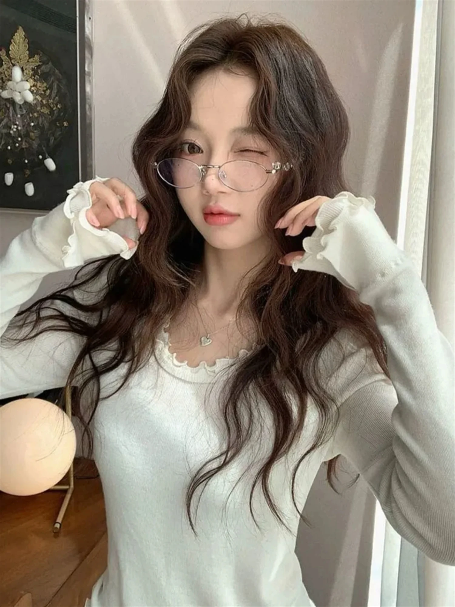 Y2K Coquette Ruffled Scallop Neck Ribbed Knit Long Sleeve Top Women Slim Fit Soft Casual Fall Winter Daily Wear Blouse