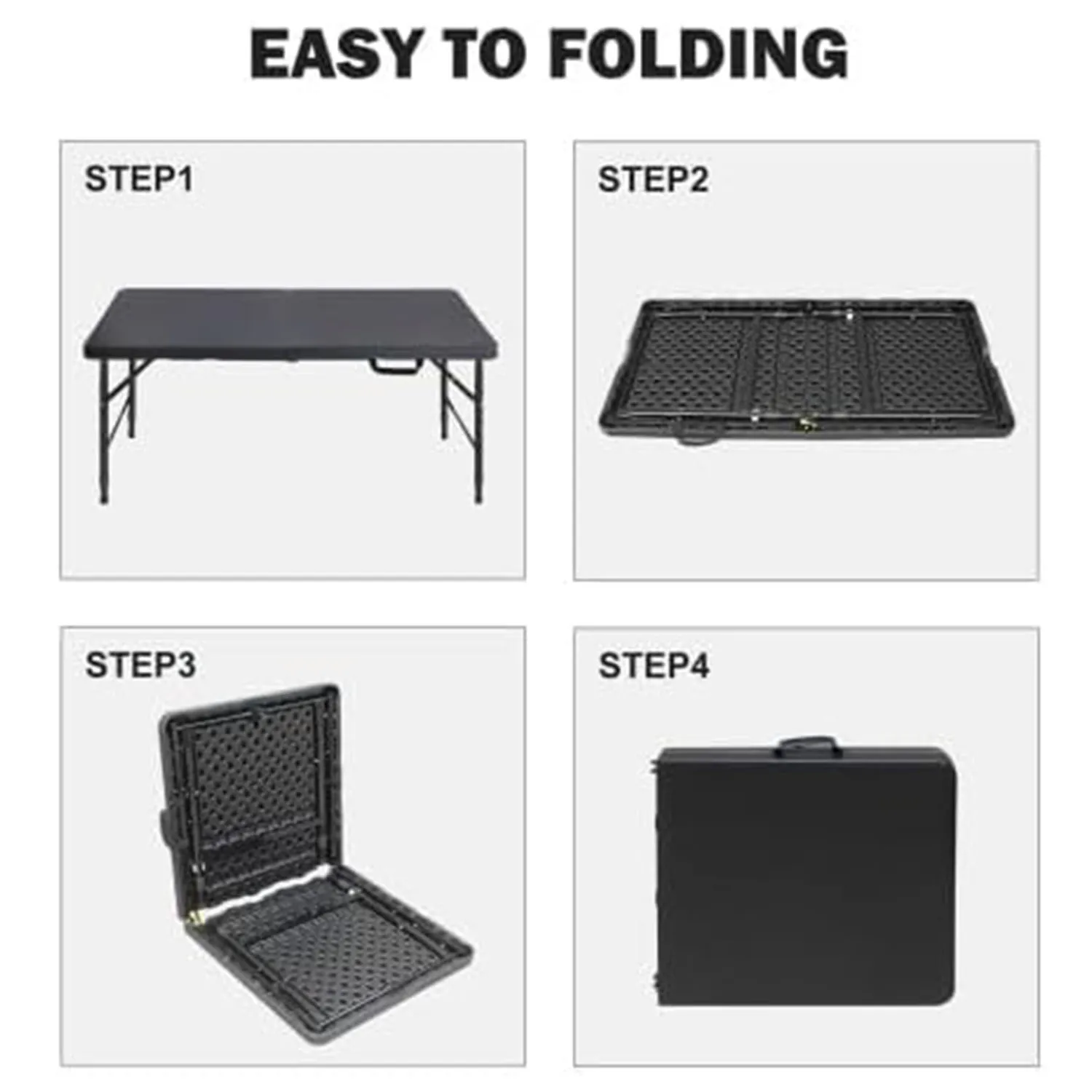 Folding Table 4ft Height Adjustable Heavy-Duty Plastic 300lb Steel Frame | Portable Foldable Table with Carry Handle,Anti-Slip Feet,Waterproof & Easy to Clean,300LBS Weight Capacity for Indoor Outdoor
