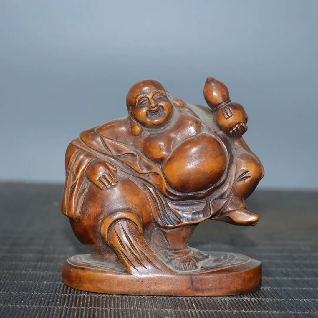 Hand Carved Wood Laughing buddha figurine Statue Figurine Desktop Ornaments Home Decoration