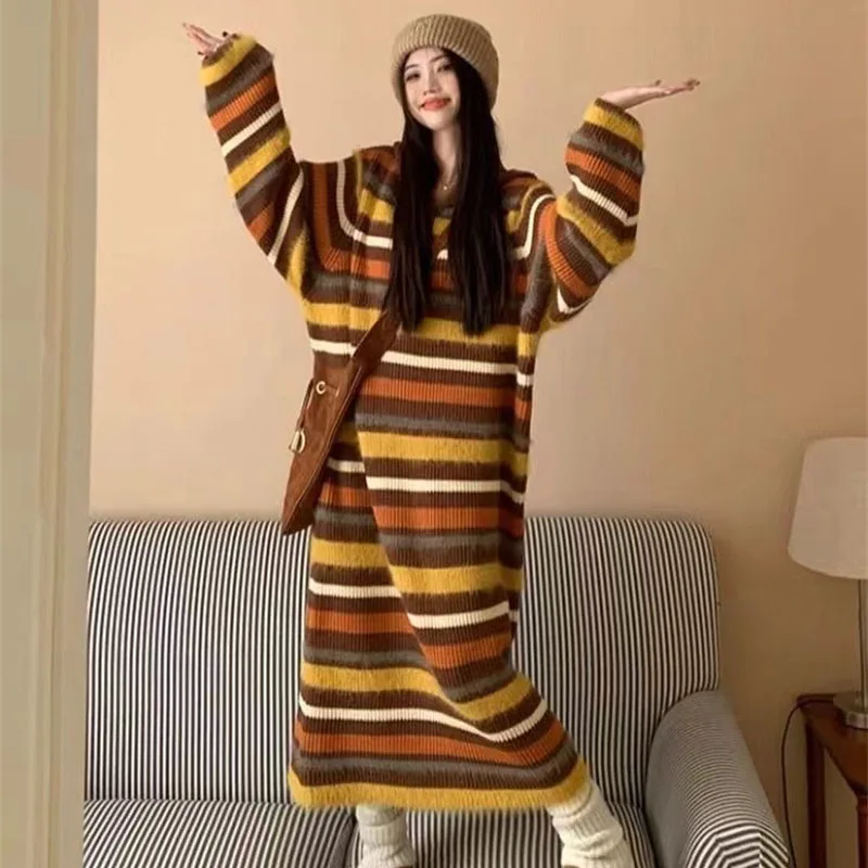 الموضة الملونة المشارب مقنعين سترة طويلة البلوز المرأة سترة مشغولة من الصوف سترة الربيع الخريف الشتاء معطف قاع قميص #3