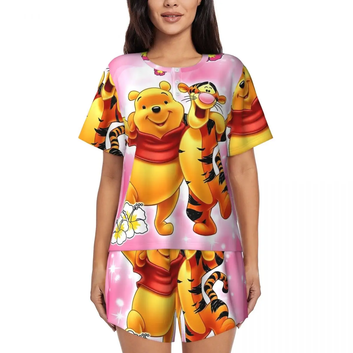 

Women Winnie The Pooh Pajamas Set Custom Printed Two-piece Pjs Sets Short Sleeve Sleepwear Loungewear