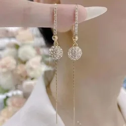 2024 New Korean Luxury Shiny Zircon Ball Flower Pendant Long Earline for Women Fashion Jewelry Unusual Earring Ear Accessories