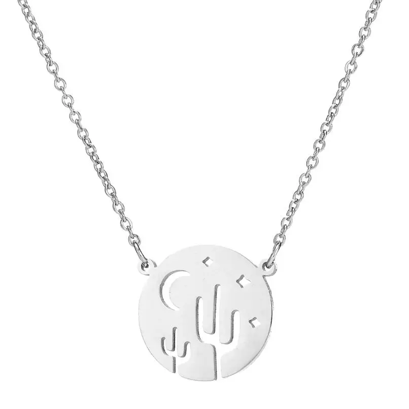 Simple Cactus Necklace Stainless Steel Fashion Jewelry Cute Desert Plant Pendant