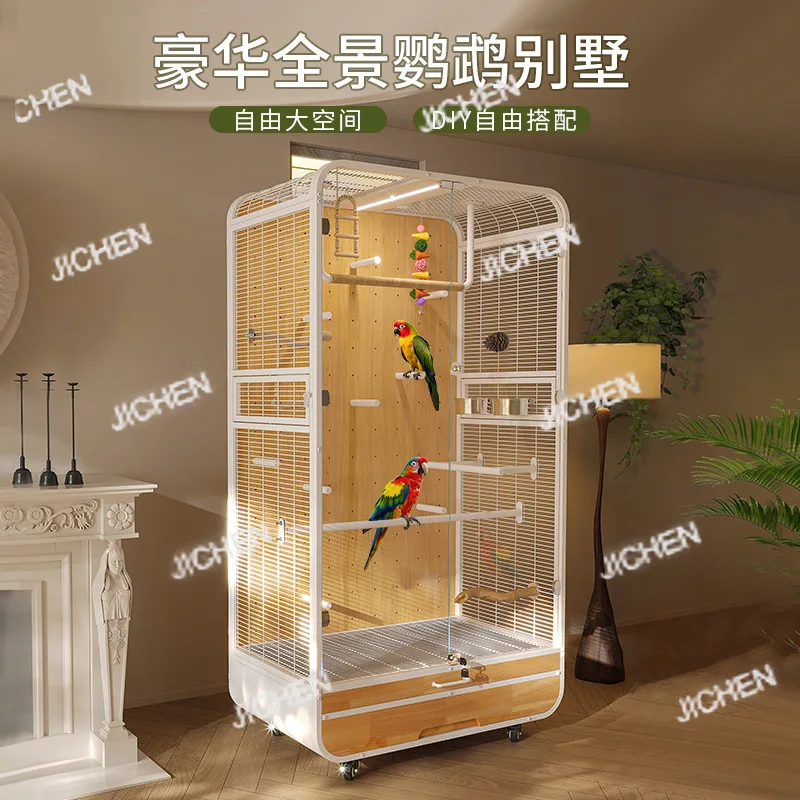 فيلا قفص العصافير ببغاء كبير خاص بمساحة كبيرة من الخشب الصلب المنقولة والحديد المطاوع آلة رمادية بانورامية #2