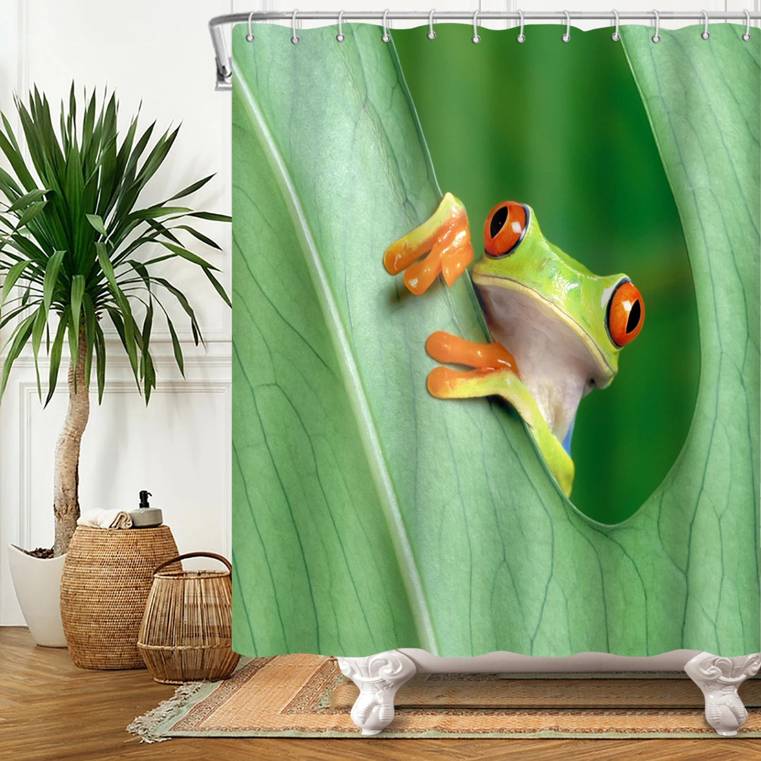 Funny Frog Cartoon Shower Curtain Sets Leaf Animal Creative Children Bathroom Decor Waterproof Fabric Home Hooks Bath Curtains