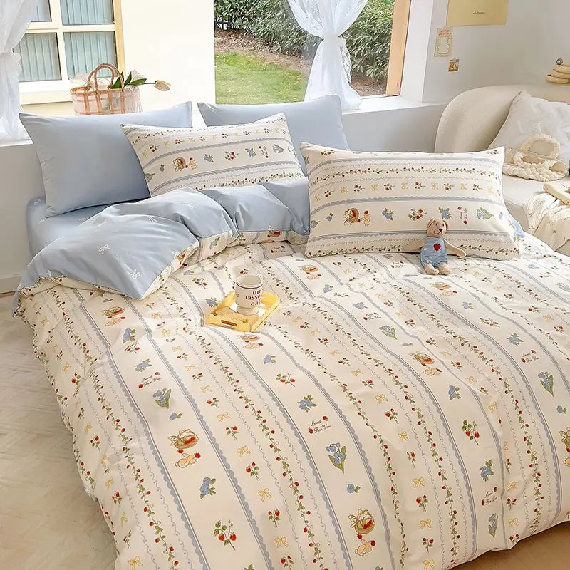 

INS Bedding Set White Cartoon Style Kids Duvet Cover Flat Sheet Pillowcase No Filler Girls Boys Home Decoration Bed Linens