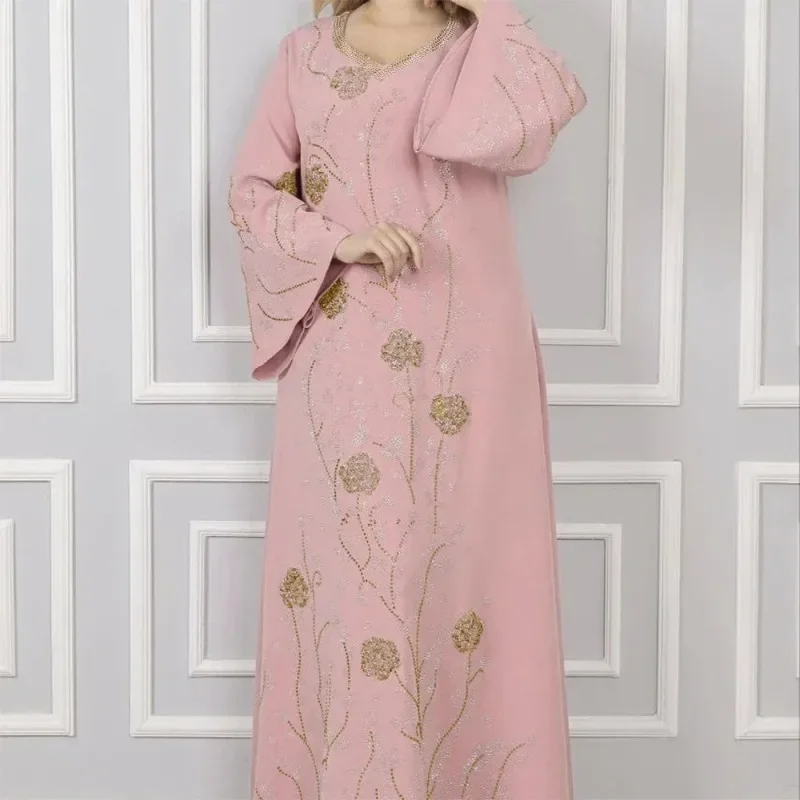 ใหม่สีชมพู Eid Elegant ผู้หญิงมุสลิมชุด Ramadan Party ดูไบหรูหรา Abaya ตุรกีอิสลามชุดราตรียาว Caftan Marocain Femme