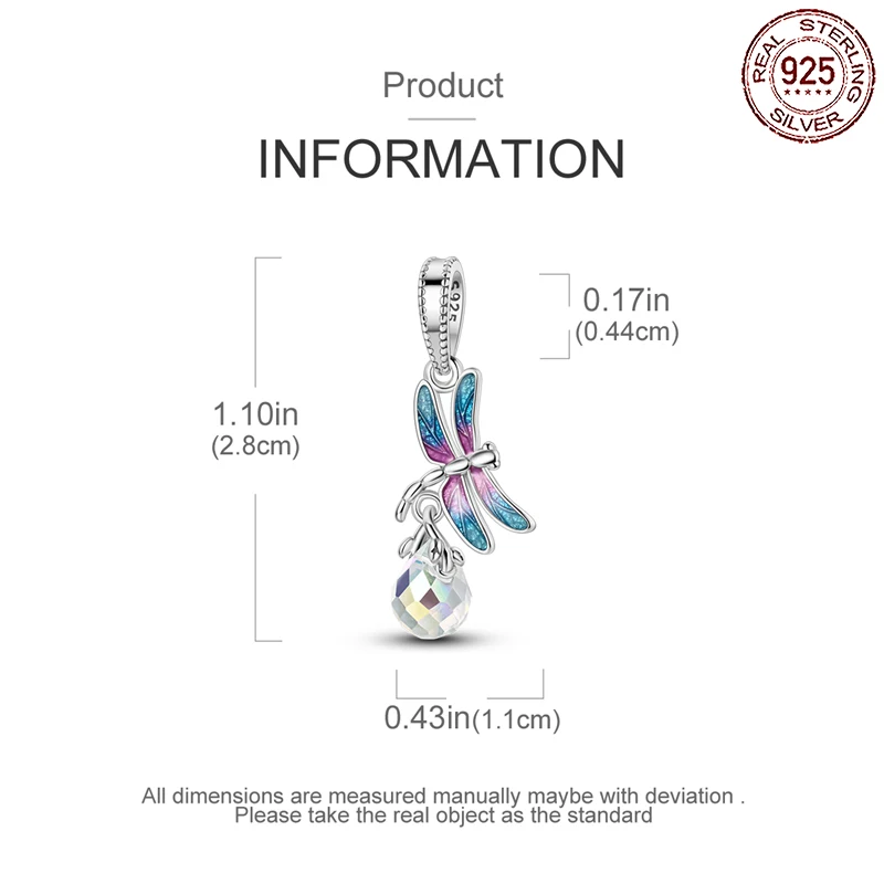 دلاية ملونة على شكل دراغون فلاي للنساء ، فضة إسترليني ، تناسب أساور باندورا الأصلية ، هدية مجوهرات سهلة الاستخدام