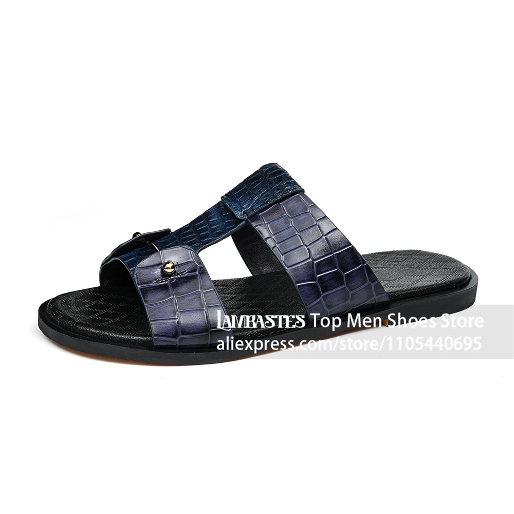 

Men's Blue Crocodile Embossed Slide Sandals Open Toe Flat Business Sandals Double Strap Casual Summer Shoes Metal Rivet Slippers