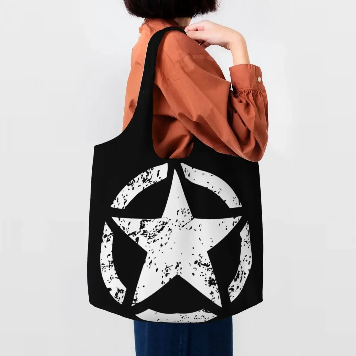 Custom Military Tactical Army Star Shopping Canvas Bags Women Reusable Big Capacity Groceries Shopper Tote  Handbags