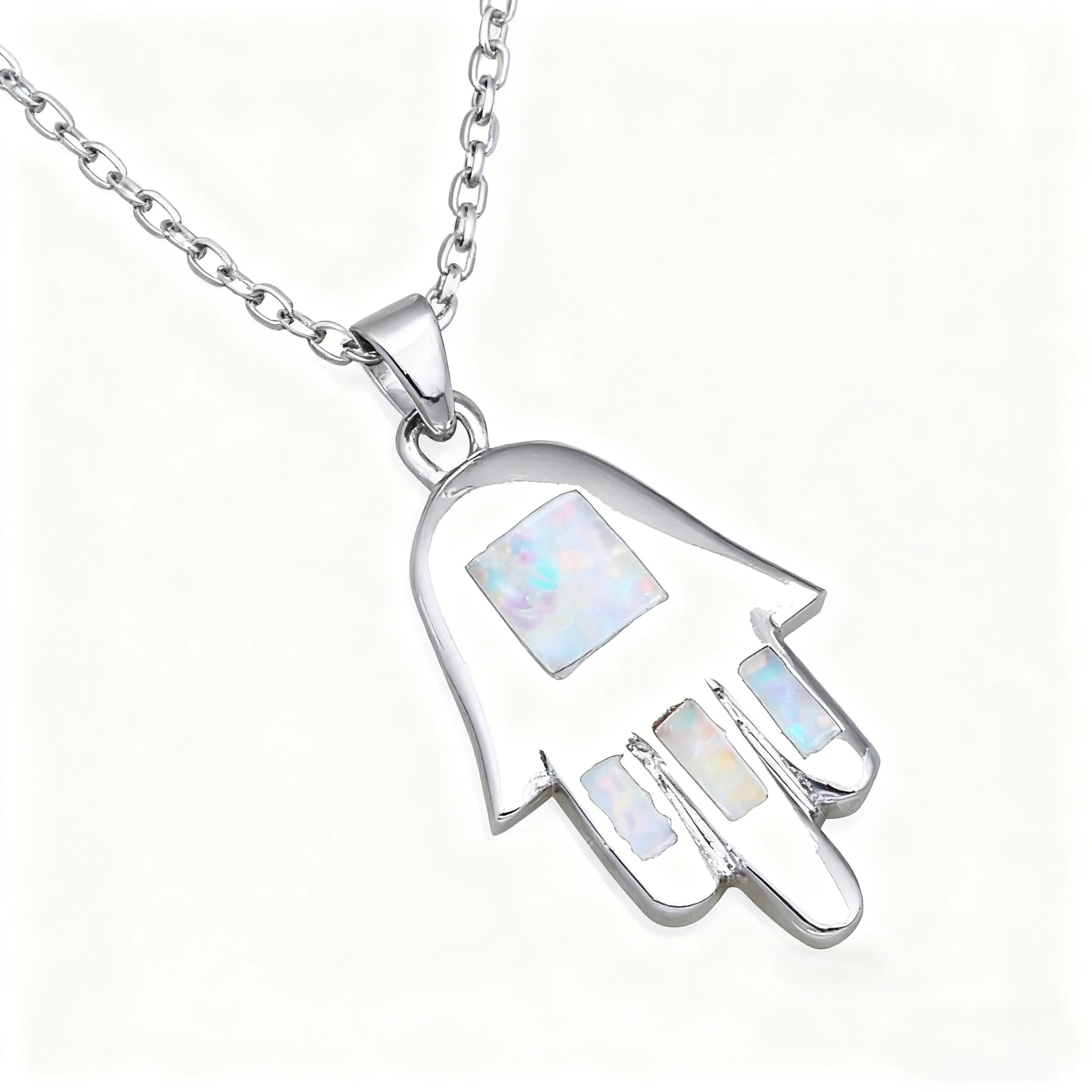 Hand Gottes Hamesh Hamsa Silber Farbe Anhänger Halskette mit synthetischem weißem Feueropal, modischer religiöser Schmuck für Frauen Geschenke