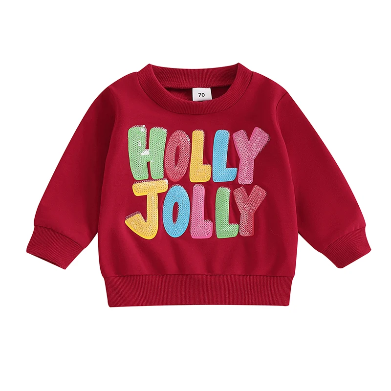 Little Boys Christmas Casual Sweatshirts Long Sleeve O Neck Sequins Letter Embroidery Pullover