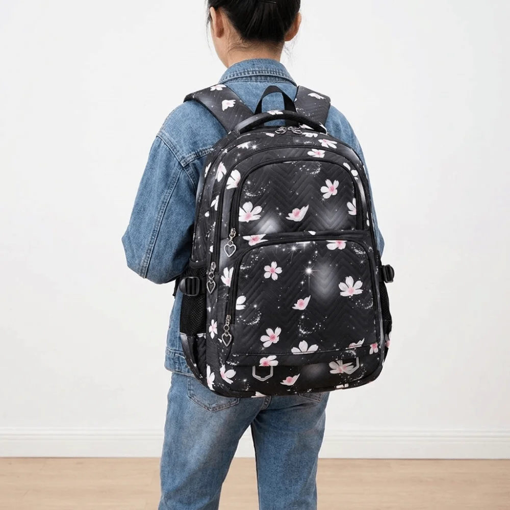 Flower Printed Children Backpack Multiple Pockets Nylon Shoulders Bag Harajuku Large Capacity Student School Bag Primary School