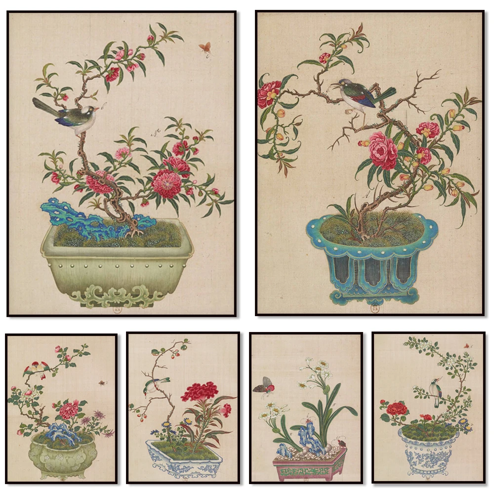 Alte chinesische Vase, Vintage-Druck, Vase, Pflanzenposter, Blumen, Vögel, Leinwandgemälde, Druck, nordischer Stil, Wohnzimmer, Heimdekoration