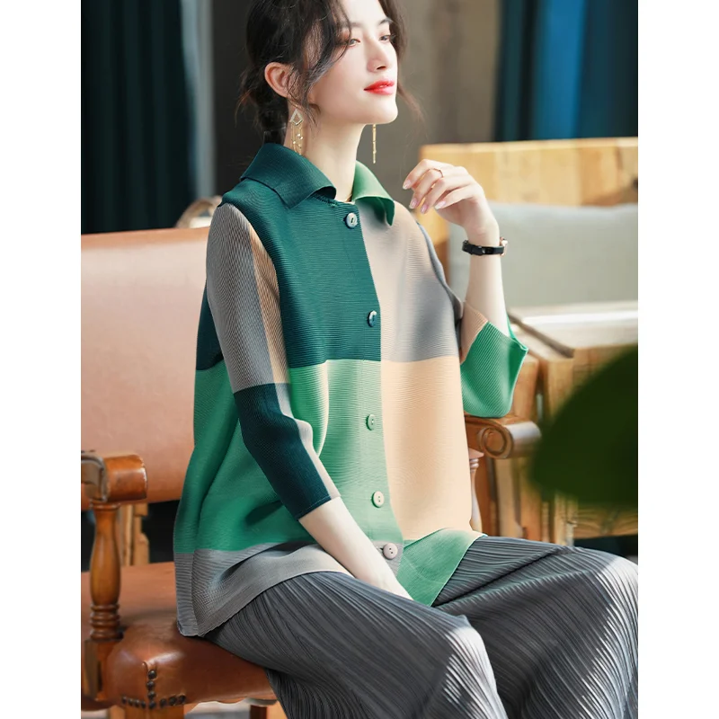 Blouse 2023 pleated color matching fashion POLO collar cardigan with 3/4 sleeves western-style blocking top shirt blouse female