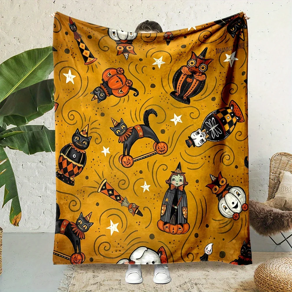 Halloween Whimsical Cat & Pumpkin Flannel Blanket , Soft, All-Season Cozy Throw for Bed, Sofa, or Travel