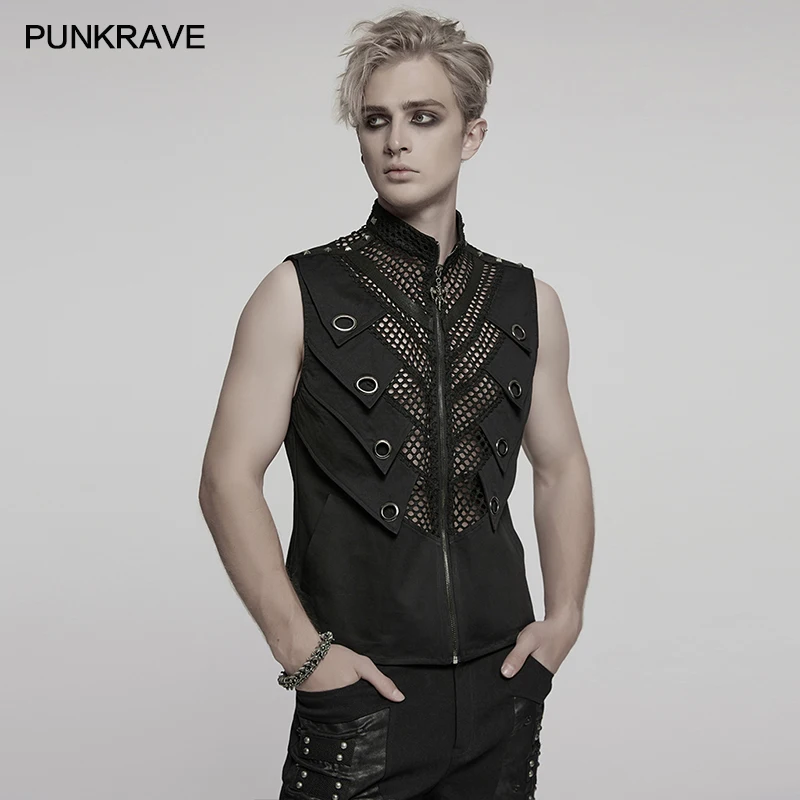 PUNK RAVE Men's Punk Personalized Fish Gill Structure Designs Tough Guy Vest Transparent Mesh Splicing Cool Handsome Dark Tops