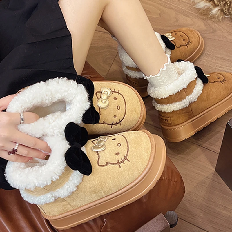 Sanrio Hello Kitty Girls Winter Boot Plush Snow Boots Warm Non-Slip Sneaker Cute Warm Cotton Shoes Kawaii Outdoor Short Boot