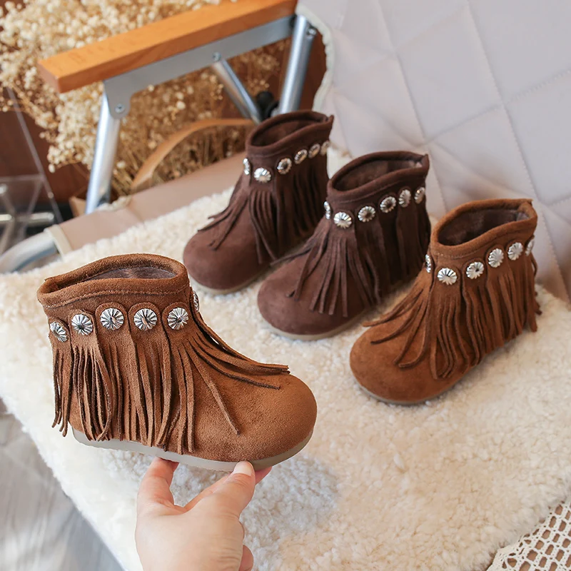 Toddler Girls Fringes Suede Leather Boots 2026 New Winter Kids Thermal Ankle Boots Non-slip Simple Retro Style Party Footwear