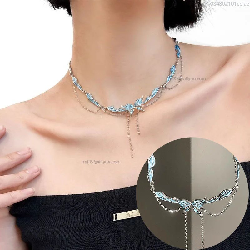 Кулон Fashion Oil Drip Blue Butterfly Tassel Necklace For Women Temperament Senior Sense Collarbone Chain Party Gift Jewelry