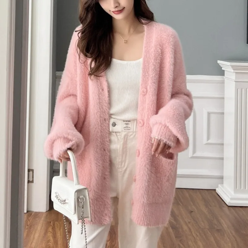 

Lazy-style V-neck Solid Color Knitted Cardigan with Lantern Sleeves Women's New Autumn and Winter Jacket Made of Faux Mink Wool