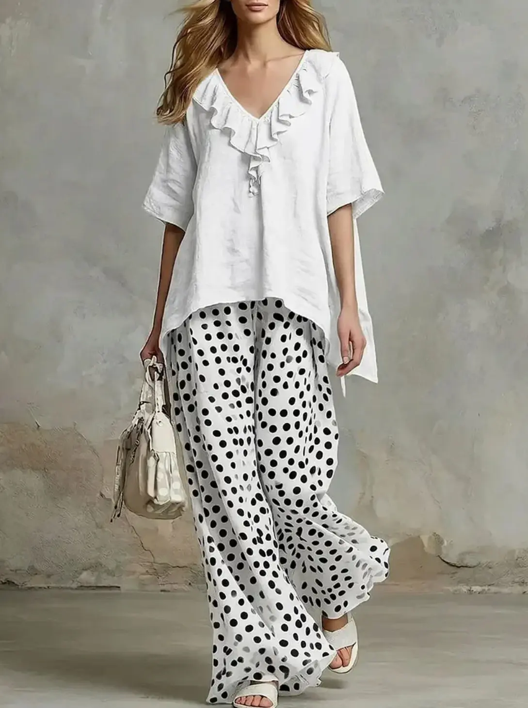 

Fashion Women Summer 2PCS Matching Set Elegant Ruffles Solid V Neck Shirts Women's Top And Dot Print Wide Leg Pant Ladies Outfit