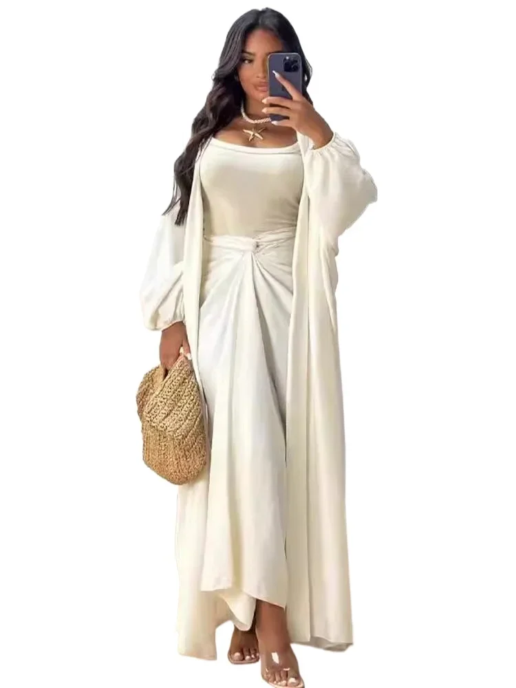 Autumn Winter Fashion Two Piece Set Muslim Women Elegant Solid Long Cardigan Twisted Skirt Two Piece Set Women