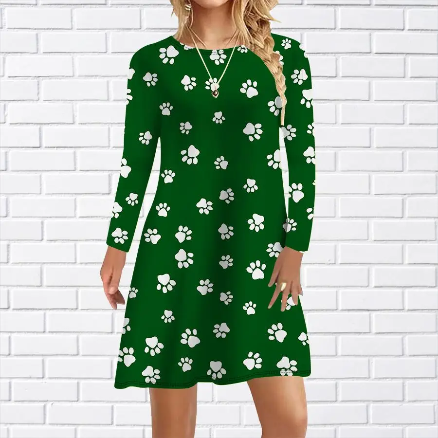 เดรสลายรอยเท้าแขนยาวสำหรับผู้หญิง สไตล์ลำลอง ออกงาน ฤดูใบไม้ร่วง ฤดูหนาว คอกลม ทรงหลวม ทรงเอ ไซส์ใหญ่ เดรสฤดูใบไม้ผลิสำหรับผู้หญิง