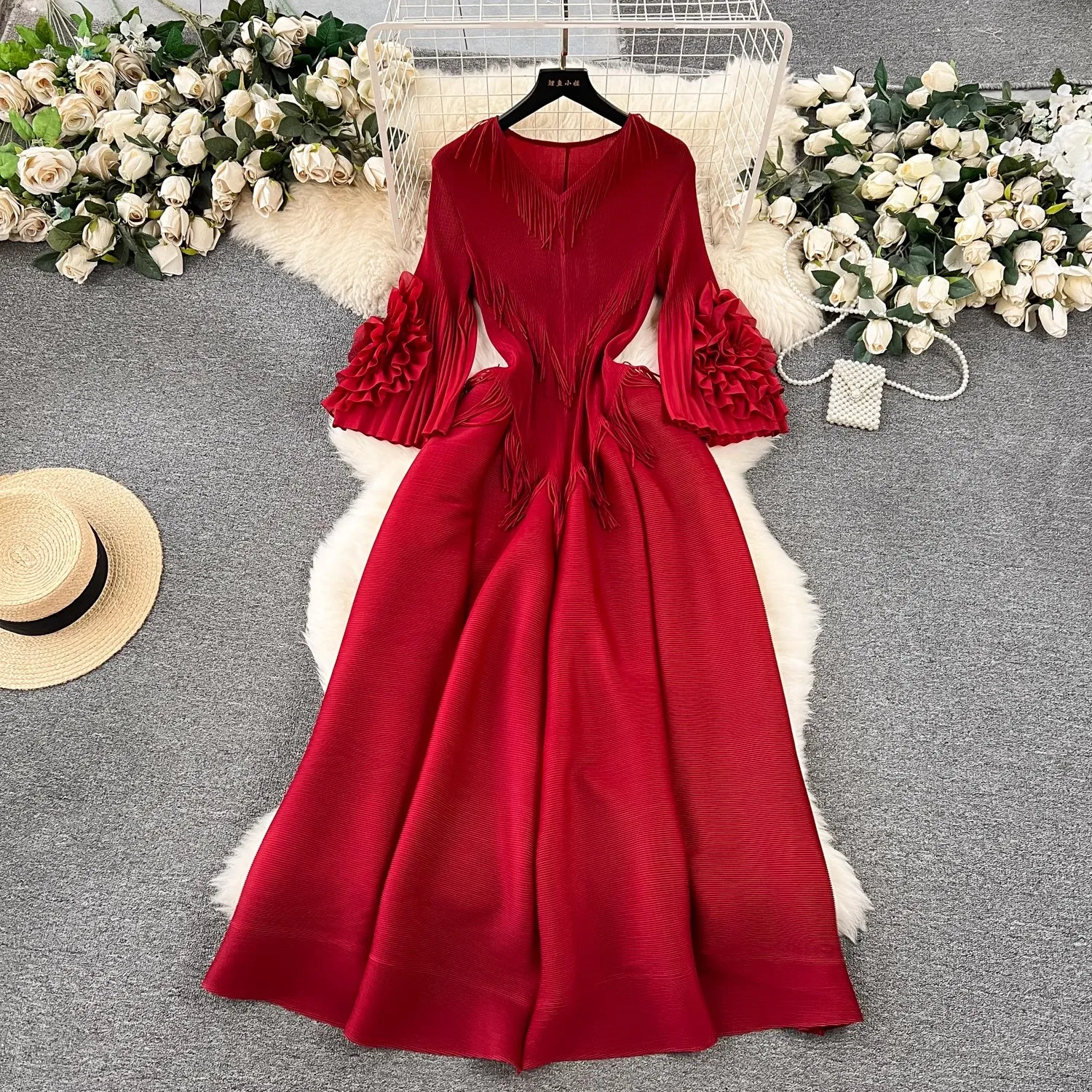 Miyake Loose Pleated Dress Oversize Women V-Neck Discoid Flower Flare Sleeve Solid Color Tassel Long Robes Female Clothing 9410