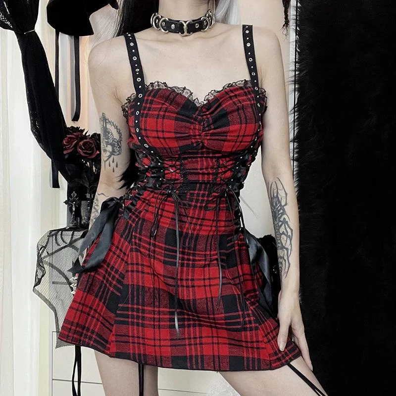 

Women's Lace Trim Red Plaid Lolita Lace-up Corset Mini Dress Eyelet Sass Y2k Punk Girl Rivet Suspender Tartan Dresses