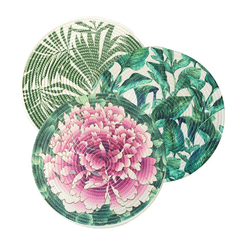 

1Pc Round Cotton Woven Tropical Plants Flower Printed Kitchen Table Mat Dinner Placemat Insulation Pad