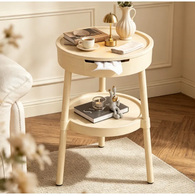 White Round Coffee Table with Casters, Mobile Nightstand Side Table, Minimalist Modern Furniture for Bedroom and Living Room