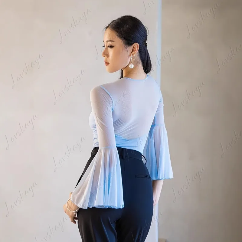 Yoga Onesie Langarm T-Shirt Damen Mesh Stitching Rundhals Horn Sleeve Latin Dance Bodysuit Top