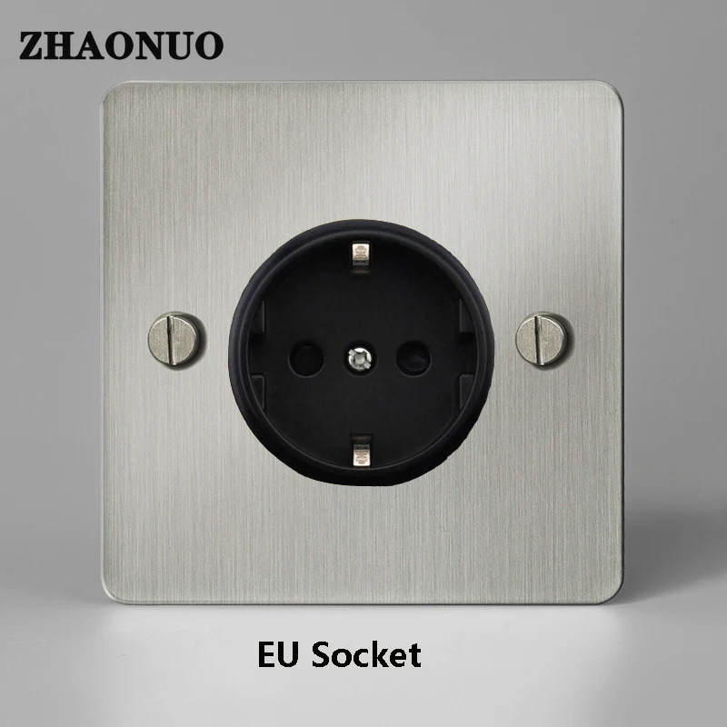 1-4 Gang 2 Way Wall Light Switch Vintage Metal Switch Stainless Steel Primary Color Brushed Panel UK EU Socket