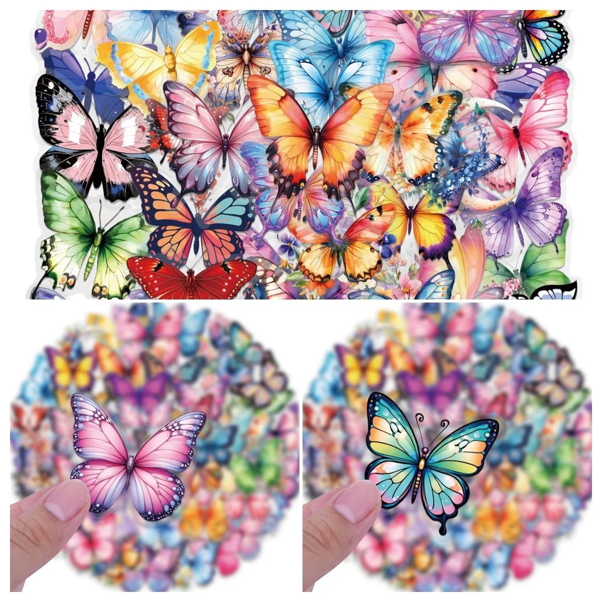 60 Uds. Pegatinas coloridas de mariposas, paquete de pegatinas de dibujos animados, pegatinas transparentes, papelería, pegatinas impermeables para vasos de agua
