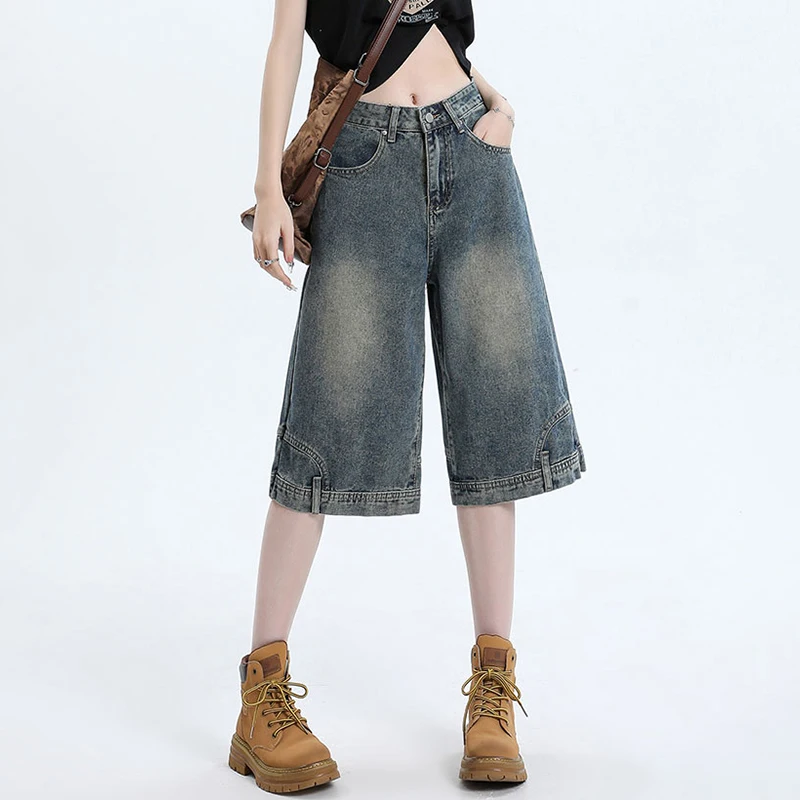 Korean Fashion Denim Shorts Women Summer Low Waisted Blue Wash Cropped Baggy Jeans Wide Leg Frayed Pants