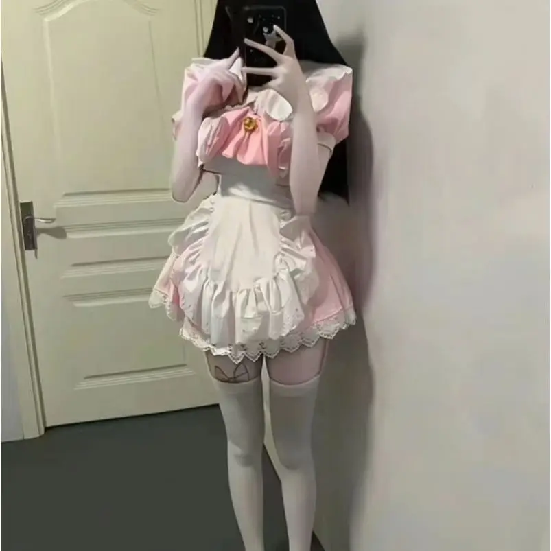 Sweet Pink Lolita Maid Uniform Cosplay Costume Large Size Anime Role-playing Fashion Set Short Sleeve Women's Ensemble